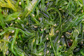 The seaweed salad with sesame seeds and red pepper in background. Top view,