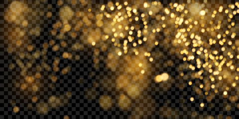 Glowing golden bokeh lights effect , sparkling particles isolated on dark transparent background	