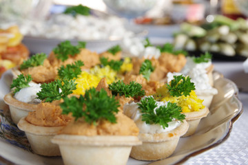 Delicious snack, appetizer on the festive table. Closeup