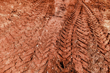 Traces of a truck on red soil.