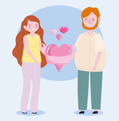 family young man and woman holding heart love together cartoon character