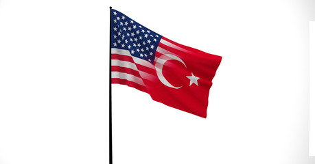 American and Turkey Flag, Floating Flag, Political Relations, Strategic Relations, 3D Render