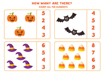 Math game with spooky cartoon Halloween elements.
