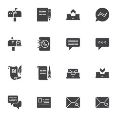 Communication vector icons set, modern solid symbol collection, filled style pictogram pack. Signs, logo illustration. Set includes icons as mailbox, correspondence with email, chat message, comment