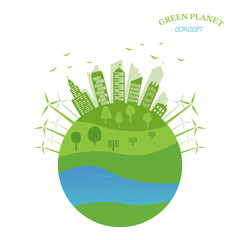 Green planet concept and environment conservation. Renewable energy with a wind generators and solar panels.