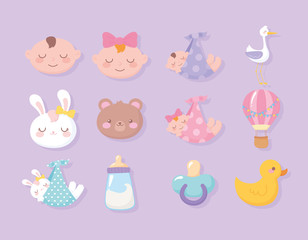 baby shower, faces boy girl bear bunny duck stork pacifier welcome newborn celebration icons