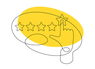 Rate Us in continious single line - drawn hand assesses maximum positive ranking with five rating stars - vector illustration for good review 