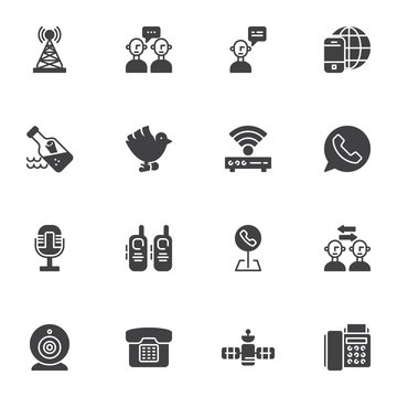 Communication vector icons set, modern solid symbol collection, filled style pictogram pack. Signs, logo illustration. Set includes icons as conversation, notification, group chat message, telephone
