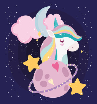 unicorn cartoon portrait dream magic planet stars moon cloud