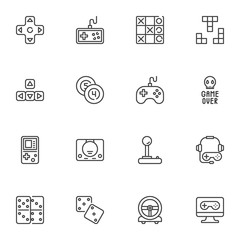 Gaming and entertainment line icons set, outline vector symbol collection, linear style pictogram pack. Signs, logo illustration. Set includes icons as video game console joystick, gamepad controller