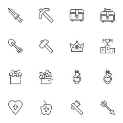 Gaming related line icons set, outline vector symbol collection, linear style pictogram pack. Signs, logo illustration. Set includes icons as crown, sword, treasure chest, magic box, axe, arrow, heart