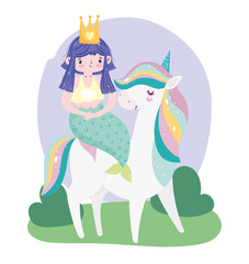 unicorn carrying mermaid rainbow hair fantasy dream cartoon