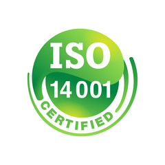 ISO 14001 certified emblem - environmental management system international standard approved stamp  - green isolated vector icon