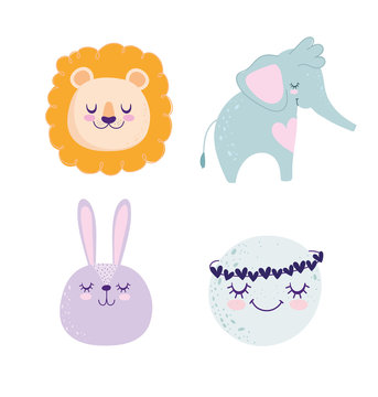 baby shower, cute animals elephant lion bunny and moon cartoon, theme invitation card