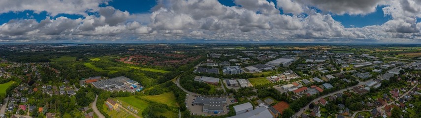 Panoramic aerial view of industrial park and surrounds of Kiel, Wellsee, Germany. Industrial area...