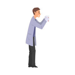 Scientist in Lab, Man in White Coat Doing Medical or Chemical Researches with Laboratory Equipment Vector Illustration on White Background