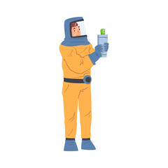 Male Scientist Wearing Yellow Protective Suit Doing Experiment with Laboratory Equipment Vector Illustration on White Background