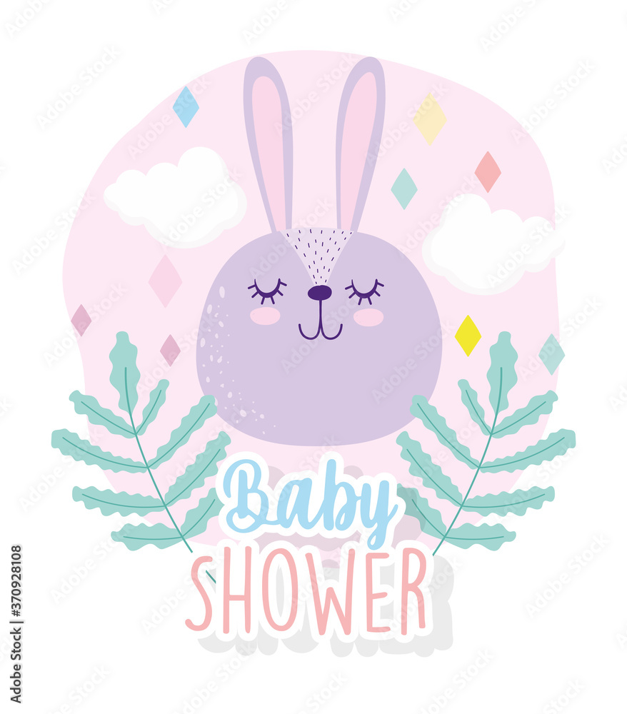 Poster baby shower, cute rabbit head floral clouds cartoon, theme invitation card