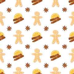 Seamless pattern of ginger cookies, anise, oranges and cinnamon. Homemade cookies for the new year. Holiday background for wrapping paper or greeting cards