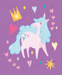 cute unicorn blue mane crowns hearts magic fantasy cartoon
