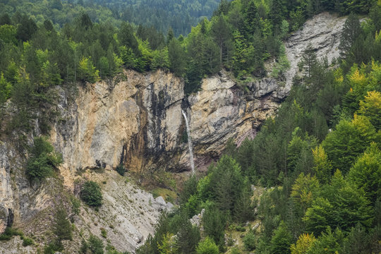 scenic mountainous landscape with vertical waterfall in Valbone nature park