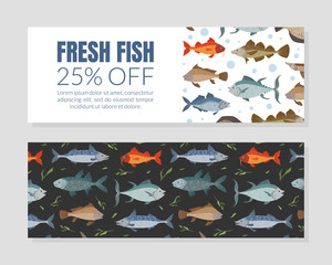 Fresh Fish Flyer, Coupon Template, Seafood Market, Shop, Menu Design Element Flat Vector Illustration