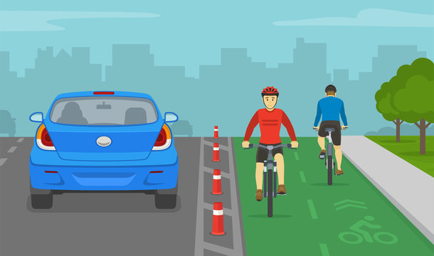 Back view of sedan car and cyclists on bike lane. City road with dedicated bicycle lane. Flat vector illustration template.
