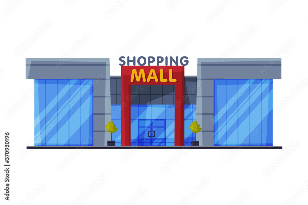 Poster Shopping Mall, Modern Shopping Center Building, Urban Architecture Design Element Flat Vector Illustration