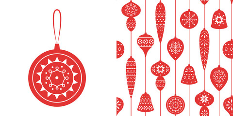Christmas red seamless pattern with balls and icicles for holiday celebrations Scandinavian Nordic style. Christmas, new year decor. Collection of Christmas toys with simple decoration