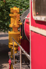 Layout of the ancient colored locomotive standing in the park
