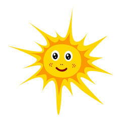 Vector drawing of a yellow cheerful sun on a white isolated background, flat style. The symbol of summer, spring, packaging design, gifts, holiday, postcard, decoration.