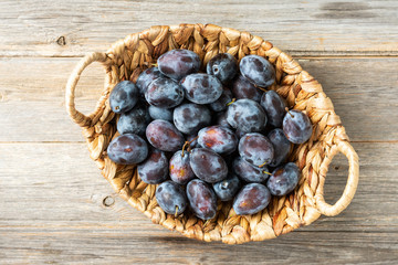 Ripe plum. Lots of plums in a basket on a gray wooden table. Blue plums close-up. The view from the top. Healthy fruits