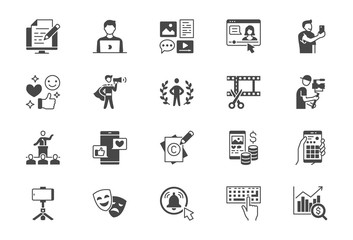Blogger flat glyph icons. Vector illustration included icon as blog monetization, video editing, personal brand, copywriting, videographer black silhouette pictogram of social media content