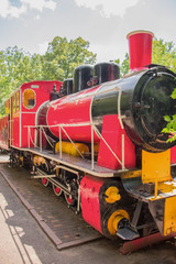 Layout of the ancient colored locomotive standing in the park