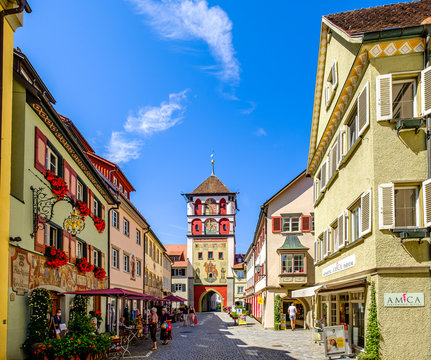 Wangen, Germany - August 6: famous historic buildings in the old town of Wangen on August 6, 2020