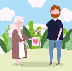 cute grandma and young man with gift bag love heart cartoon