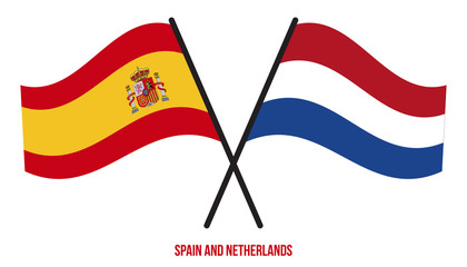 Spain and Netherlands Flags Crossed And Waving Flat Style. Official Proportion. Correct Colors.