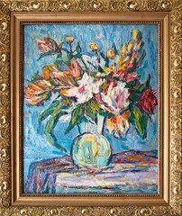 Still Life with Flowers in a Vase. Oil painting.