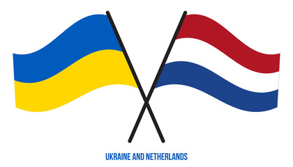 Ukraine and Netherlands Flags Crossed And Waving Flat Style. Official Proportion. Correct Colors.
