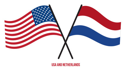 USA and Netherlands Flags Crossed And Waving Flat Style. Official Proportion. Correct Colors.