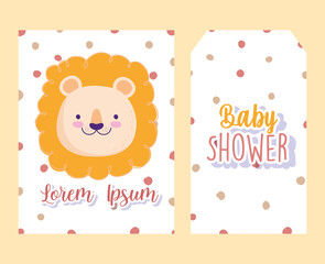 baby shower, cute lion face animal cartoon dotted background, theme invitation banner