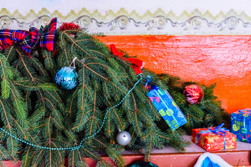 Branches of the fir tree and christmas decorations