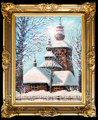 Fine art. Oil painting. Beautiful scenery with a wooden church in a winter forest by frozen and covered snow trees in a frosty sunny day.