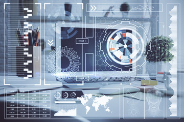 Multi exposure of desktop computer and technology theme hologram. Concept of software development.