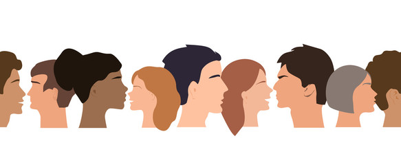 Seamless border pattern of different people profile heads. Humans of different gender, ethnicity, and color. Vector background