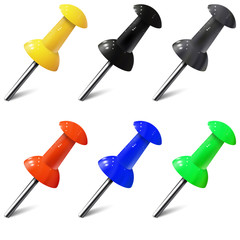 Set of realistic push pins in different colors. Thumbtacks