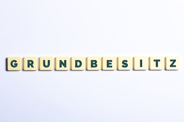 Grundbesitz in Buchstaben auf weißem Hintergrund