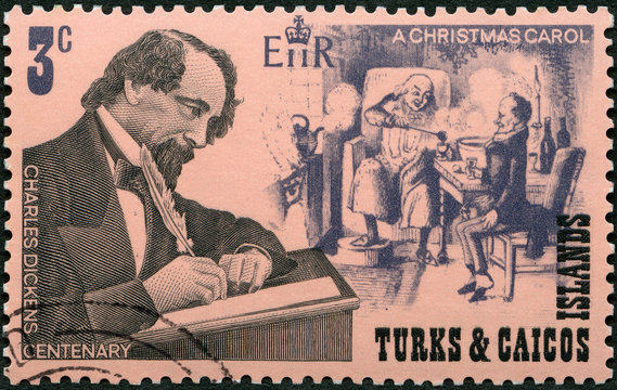 TURKS AND CAICOS ISLANDS - 1970: Shows Writer Charles Dickens (1812-1870), English Novelist And Illustrations From A Christmas Carol, 1970