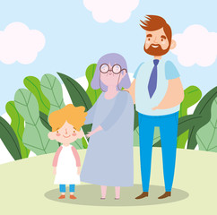 family grandma with son and grandson together cartoon character