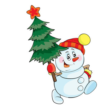 snowman carries a green christmas tree, christmas, cartoon illustration, isolated object on white background, vector illustration,
